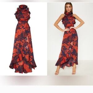 Red and Navy Floral Ruffle Dress